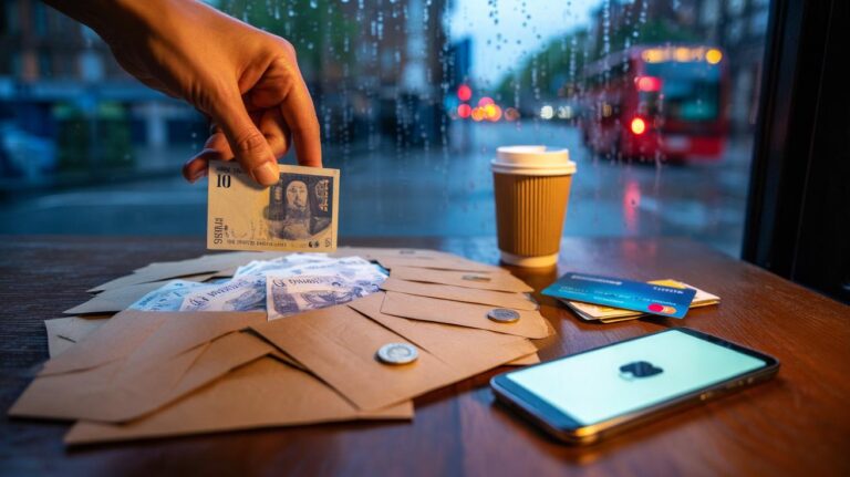 Illustration of cash-filled envelopes labeled with budget categories as part of the envelope method to control impulse spending