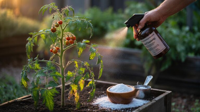 Illustration of applying Epsom salt solution to tomato plants to correct magnesium deficiency