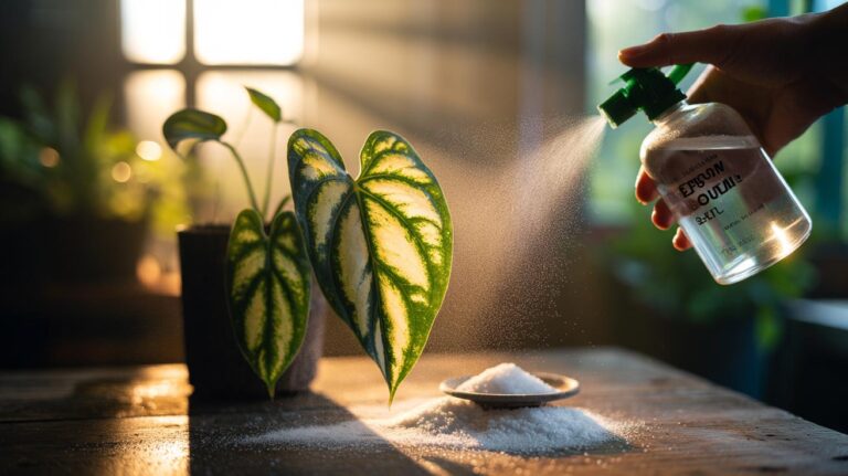 Illustration of a houseplant with interveinal chlorosis being sprayed with an Epsom salt foliar rinse to restore green pigments