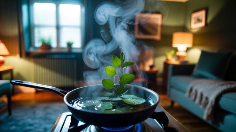 Illustration of a saucepan gently boiling eucalyptus leaves, releasing menthol-like vapours to clear a stuffy room