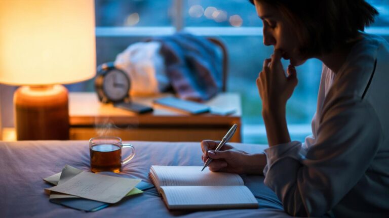 Illustration of a psychologist-recommended evening reflection to reduce emotional overwhelm, showing a person journalling feelings, noting small wins, and setting a tiny plan before sleep