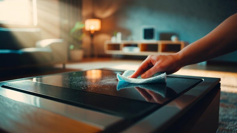 Illustration of a hand wiping a plastic surface with a fabric-softener sheet to reduce dust and prevent static buildup