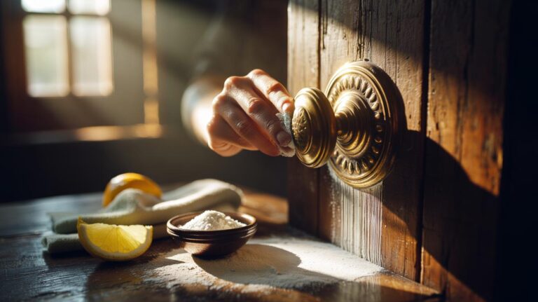 Illustration of a flour-and-salt paste being applied to tarnished brass to restore a golden shine