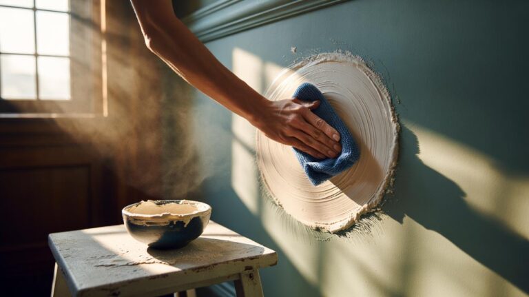 Illustration of a person using a flour-and-water paste with gentle friction to lift scuffs from a painted wall