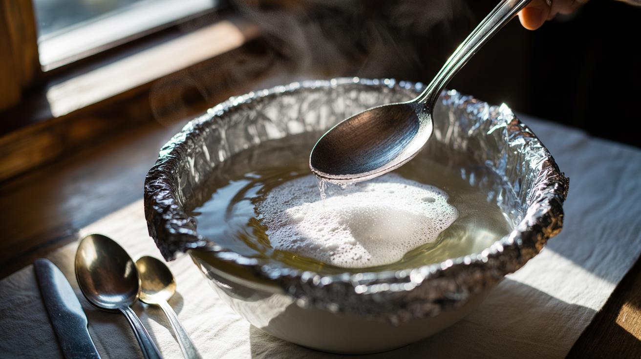 Illustration of silverware being cleaned in a foil-lined bowl with baking soda and hot water