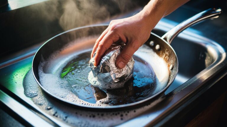 Illustration of a hand using a crumpled aluminium foil ball to scrub burnt-on residue from a stainless-steel pan
