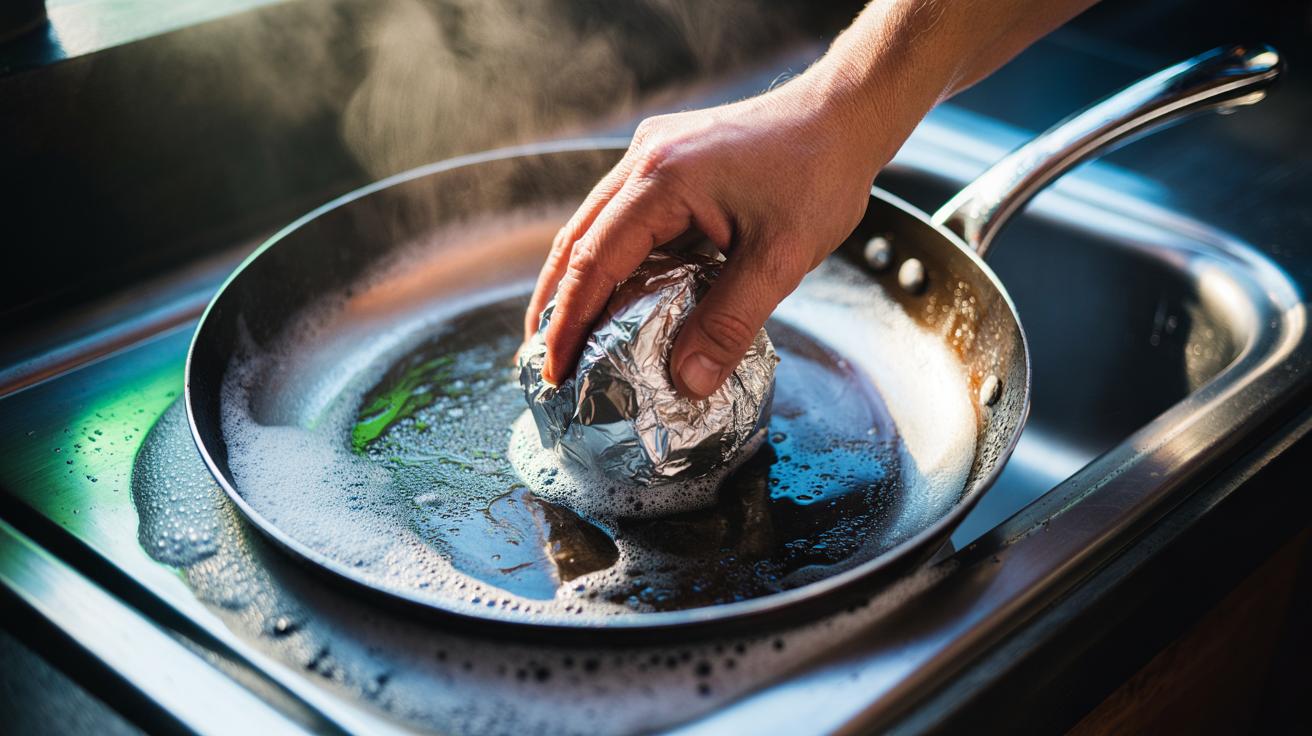 The foil ball cleans pots effortlessly: how friction scrubs away burnt residue