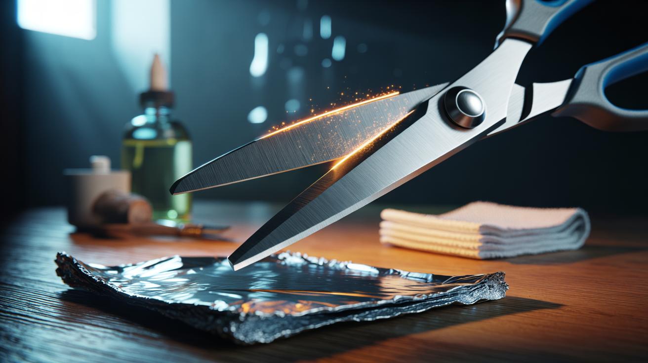 Illustration of a pair of household scissors cutting through folded aluminium foil to sharpen the blades
