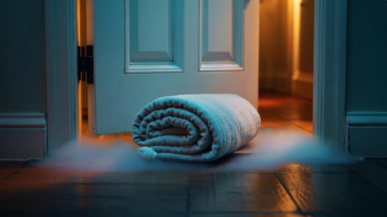 Illustration of a folded towel placed under a door to block a cold draught and keep warm air inside