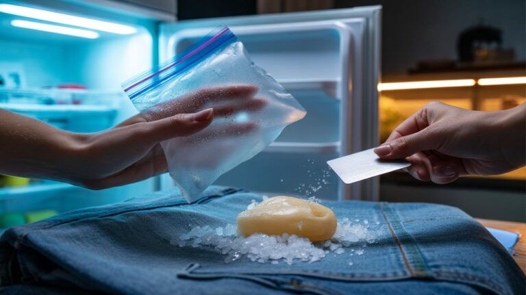 Illustration of a freezer bag being used to chill chewing gum on fabric so it becomes brittle and flakes off cleanly