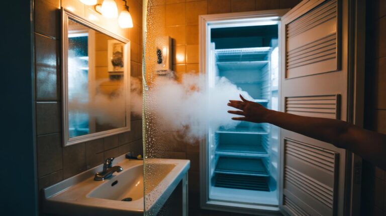 Illustration of cold, dry air from an open freezer clearing condensation on a bathroom mirror