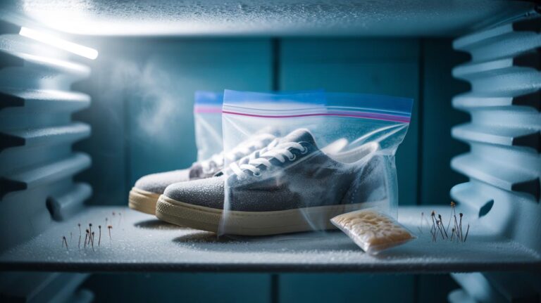 Illustration of shoes sealed in freezer bags inside a household freezer to reduce odour-causing bacteria overnight