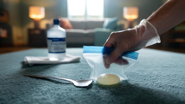 Illustration of a sealed ice bag applied to chewing gum on a carpet to harden it for gentle removal with a spoon