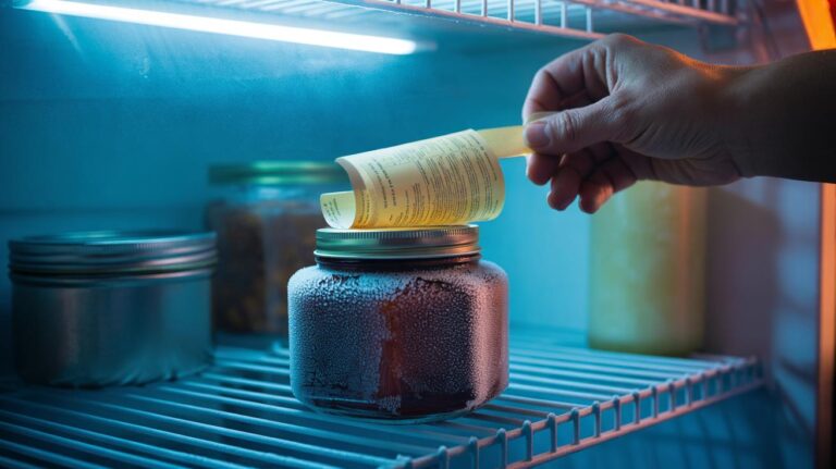 Illustration of a glass jar with a price label being peeled off cleanly after chilling in a household freezer