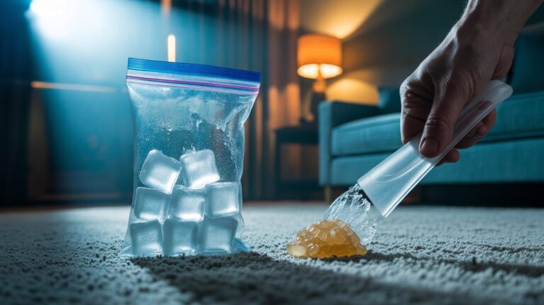Illustration of the freezer method to remove gum from carpet: a zip-top bag of ice chilling the gum while a plastic scraper lifts brittle flakes from the carpet fibres