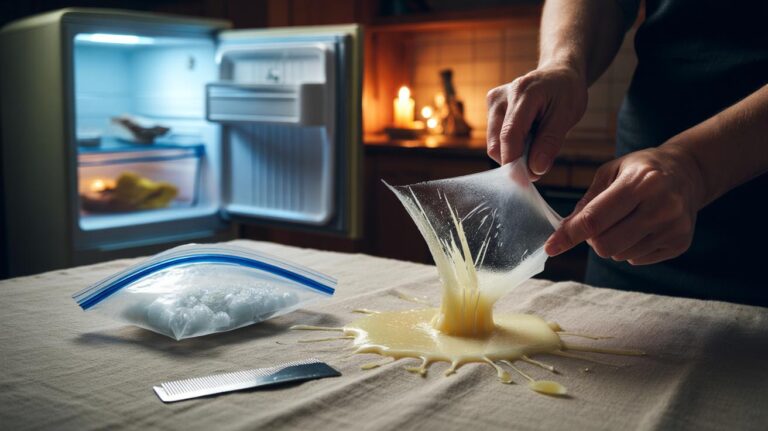 Illustration of the freezer method removing hardened candle wax from a tablecloth by snapping off brittle shards