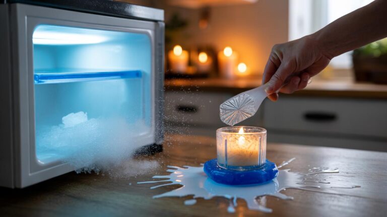 Illustration of using cold from a freezer or ice pack to harden candle wax for effortless cleanup on household surfaces