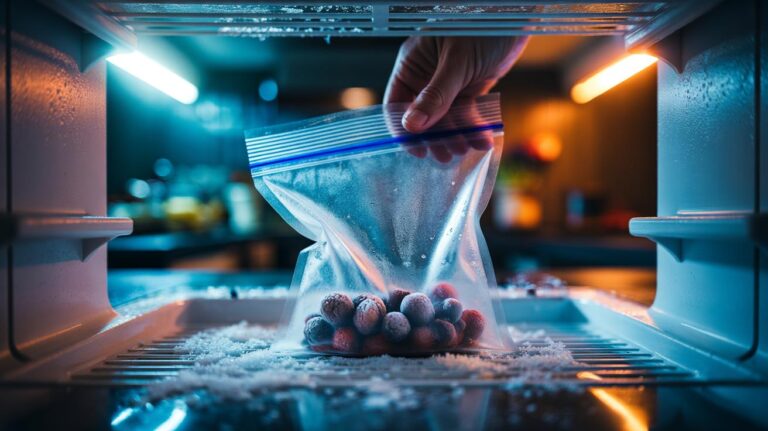 Illustration of a resealable zip bag being chilled in a freezer to loosen a stuck seal