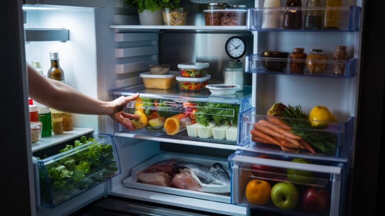 Illustration of a neatly organized refrigerator with labeled zones, an Eat-Me-First box at eye level, raw meat on the bottom shelf in a tray, and condiments arranged in the door