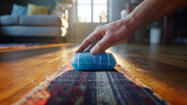Illustration of applying a frozen bar of soap to the underside of a rug to increase friction and stop sliding on a hard floor