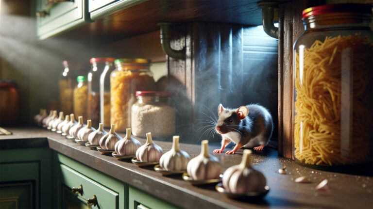 Illustration of garlic cloves arranged as a barrier inside a kitchen cupboard to deter mice with their strong scent