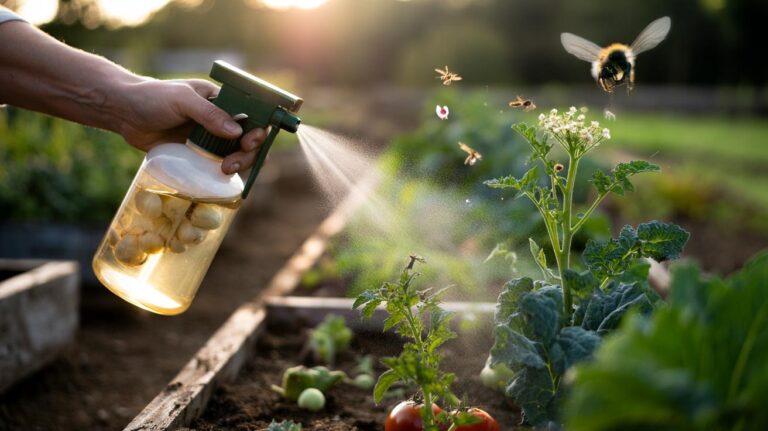 Illustration of [garlic spray being applied to garden plants to safely repel insects using sulphur compounds]