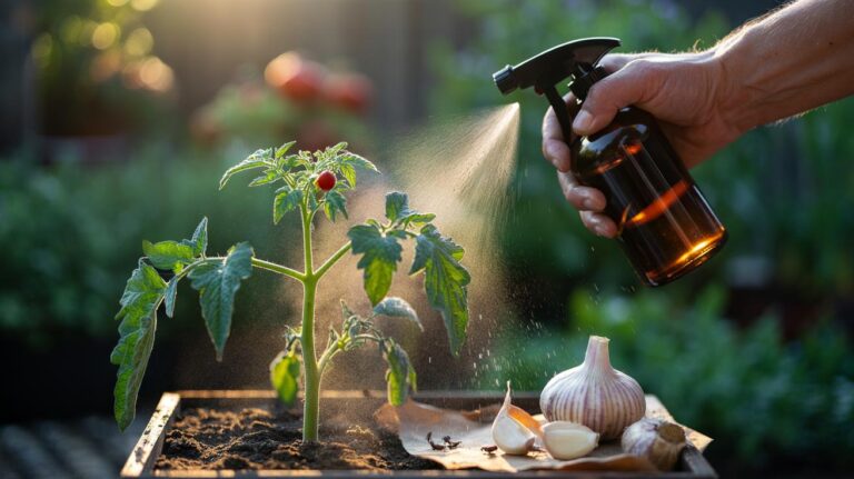Illustration of a gardener spraying garlic spray onto plant leaves to deter pests