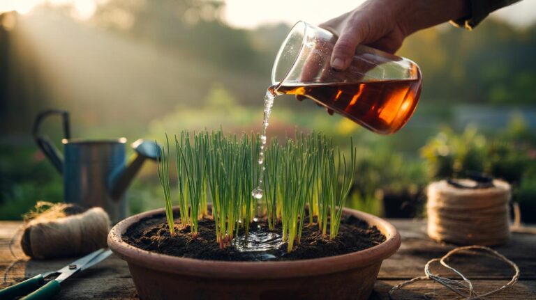 Illustration of a gardener applying a diluted gelatin solution around leggy seedlings to build stronger, thicker stems
