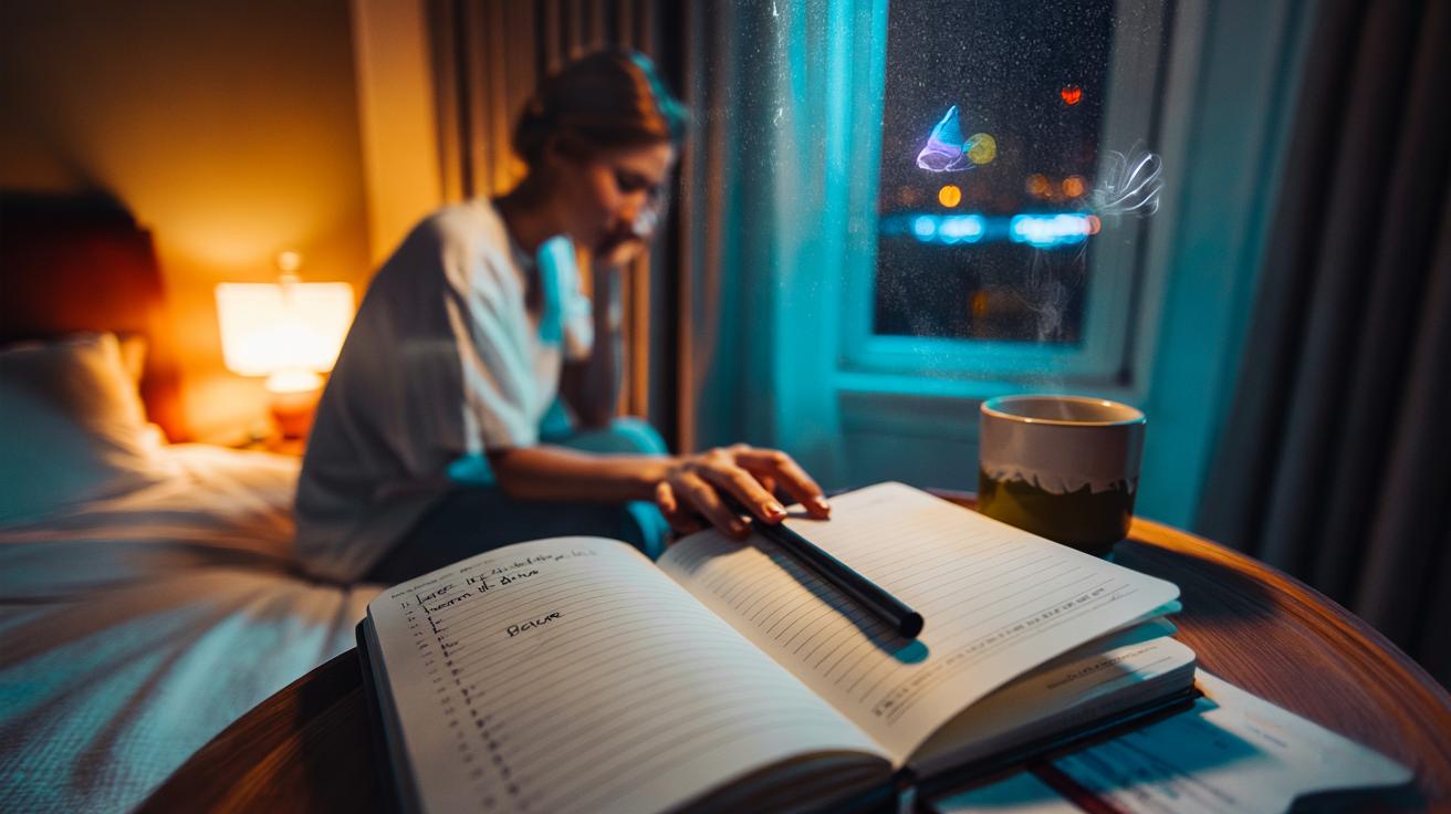 Illustration of a person writing a nightly gratitude list in a journal, with a pen and a cup of tea on a bedside table, symbolising reflective practice that supports serotonin and stabilises mood