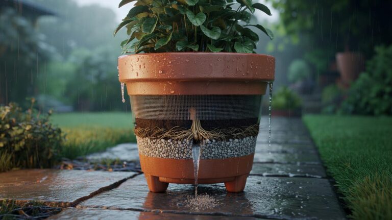 Illustration of a container pot with a thin gravel layer and mesh protecting drainage holes, raised on pot feet to prevent flooding and root rot