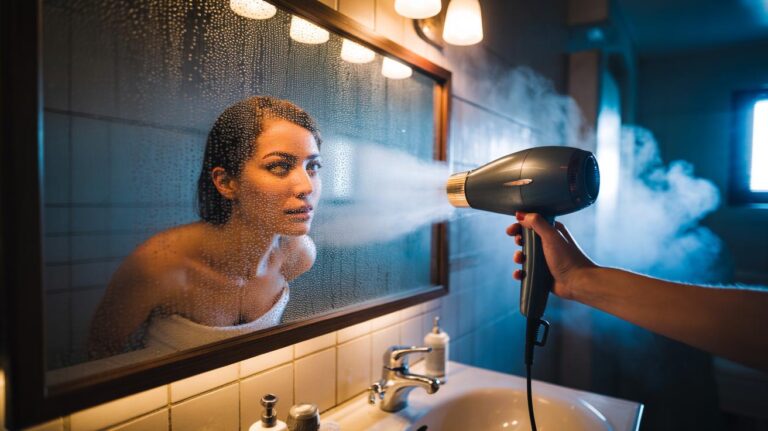 Illustration of a hairdryer directing warm air to clear steam from a foggy bathroom mirror