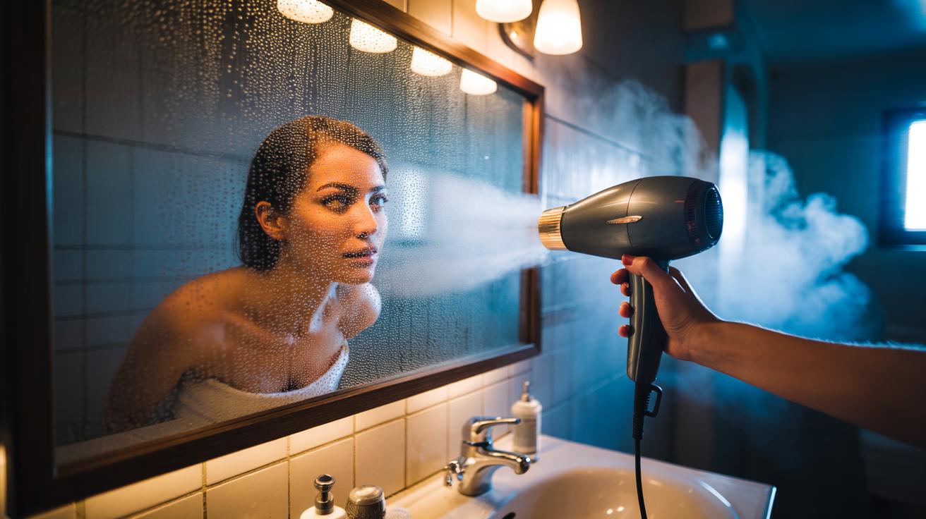 Illustration of a hairdryer directing warm air to clear steam from a foggy bathroom mirror