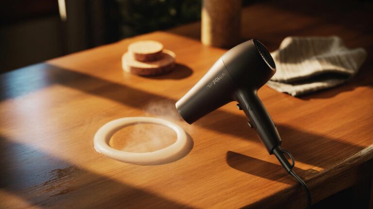 Illustration of [a hairdryer blowing warm air over a wooden tabletop to lift a white water ring]