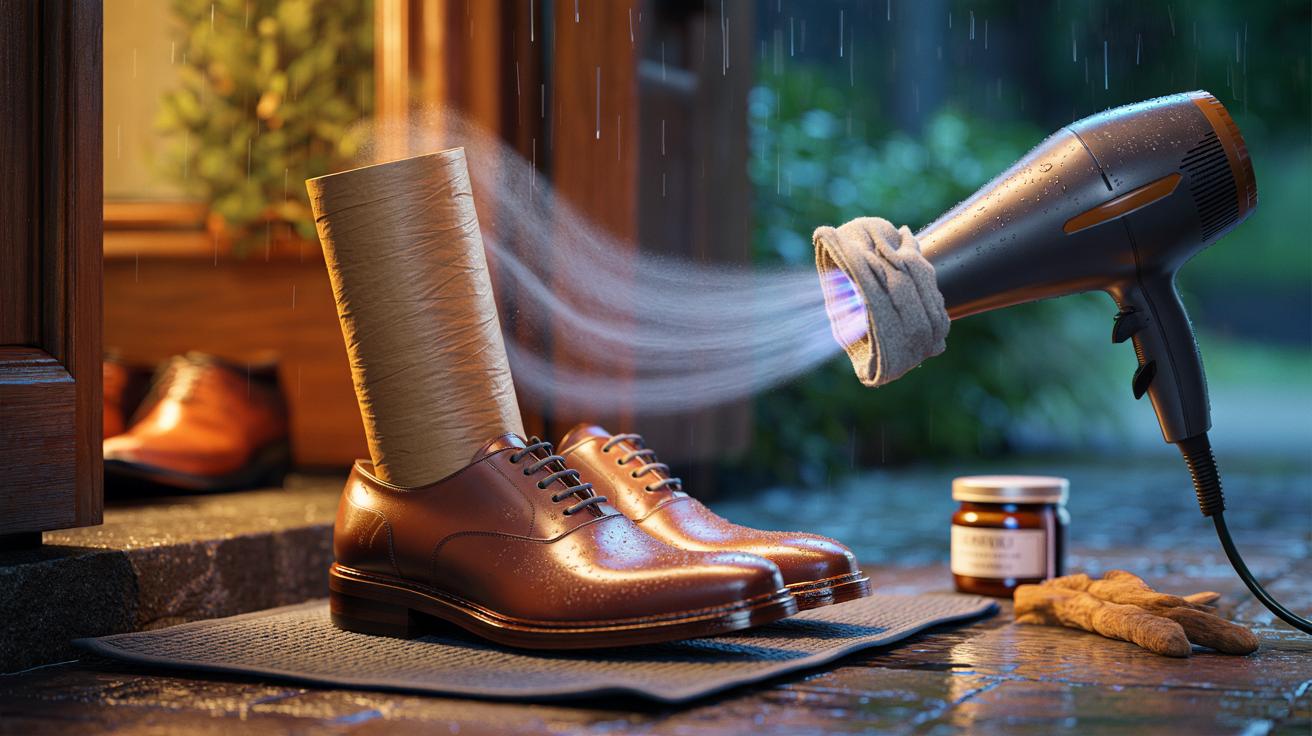 The hairdryer method that dries wet shoes in 10 minutes : how warm air reaches inside without cracking leather
