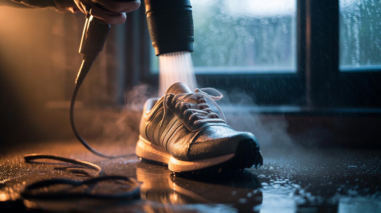 The hairdryer on wet shoes that dries them fast : how warm air reaches inside