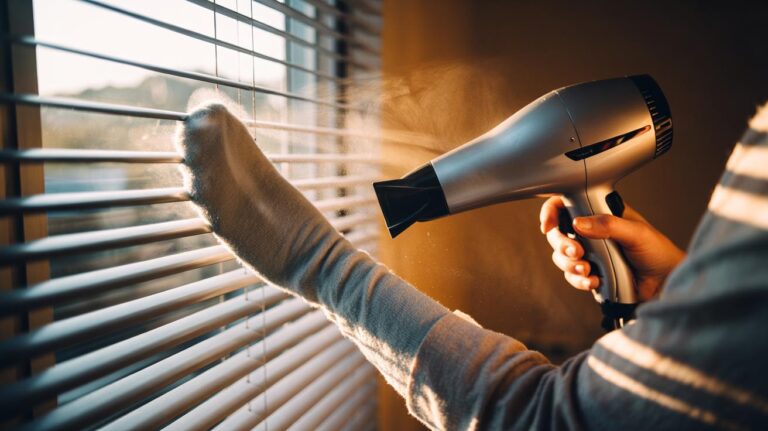 Illustration of a sock-covered hand using a hairdryer on a cool setting to lift dust from window blinds with static electricity