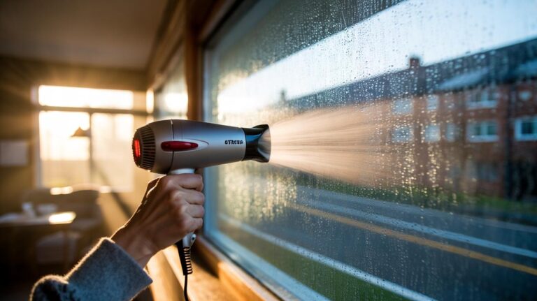 Illustration of a hairdryer directing warm air to clear condensation from a window