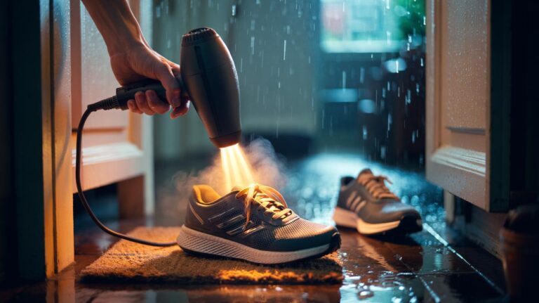 Illustration of a person using a hairdryer to dry the inside of wet shoes, directing warm air into the toe box
