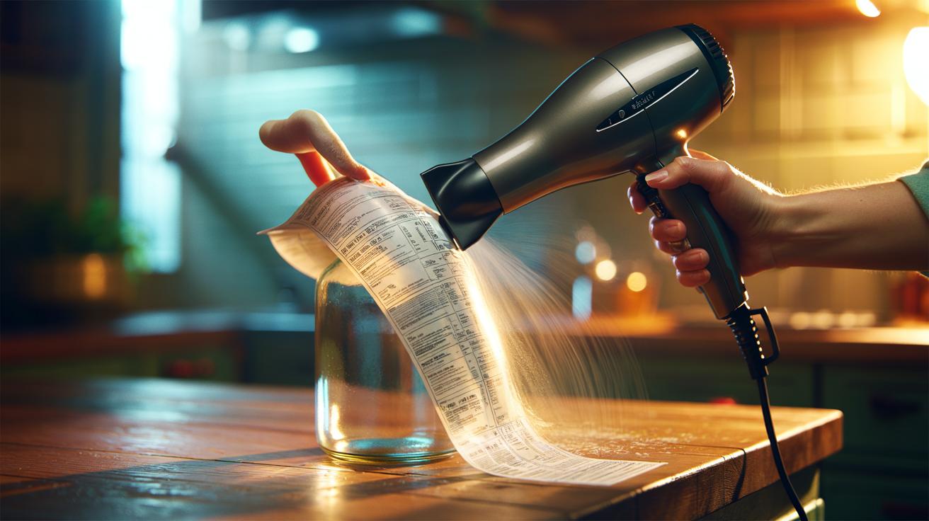 Illustration of a person using a hairdryer to soften a label's adhesive for clean sticker residue removal on a glass jar
