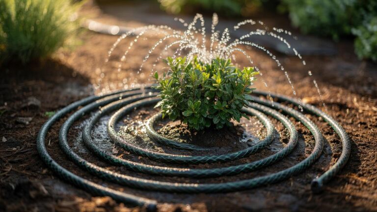 Illustration of a hose-drip spiral coiled around a shrub, delivering slow, deep watering to the root zone