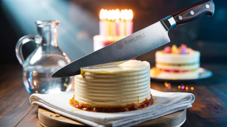 Illustration of a heated knife gliding through a birthday cake for clean slices without crumbs or icing tears