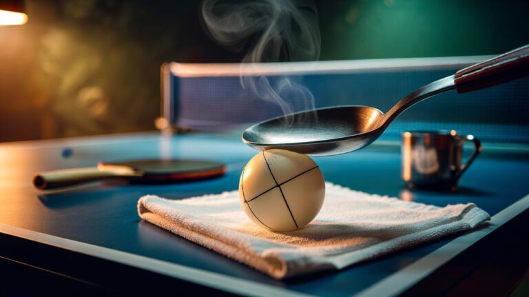 Illustration of a heated spoon pressing a dented ping pong ball to restore its shape through gentle heat expansion