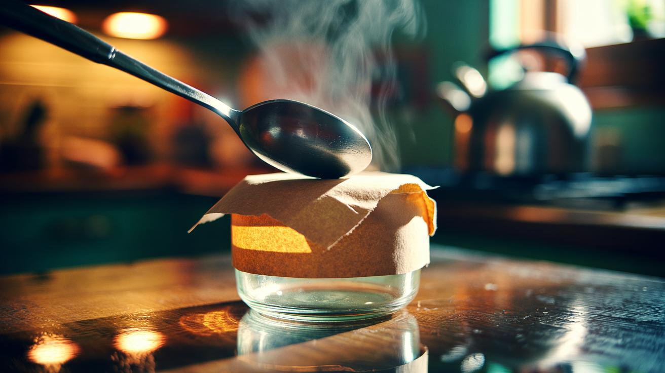 Illustration of a hot stainless-steel spoon lifting a paper label from a glass jar