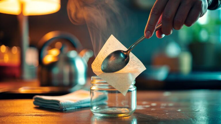 Illustration of a warm metal spoon softening adhesive to lift a sticky label cleanly from a glass jar