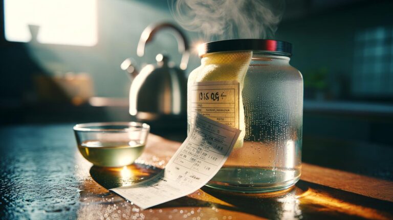 Illustration of a hot vinegar-soaked cloth pressed onto a price sticker on a glass jar to melt the glue for clean removal