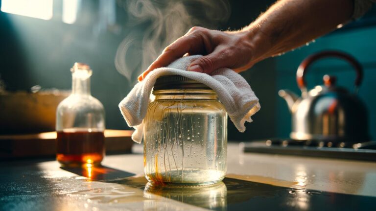 Illustration of a hot vinegar-soaked cloth applied to sticker residue on a glass jar, with heat and acetic acid loosening the adhesive