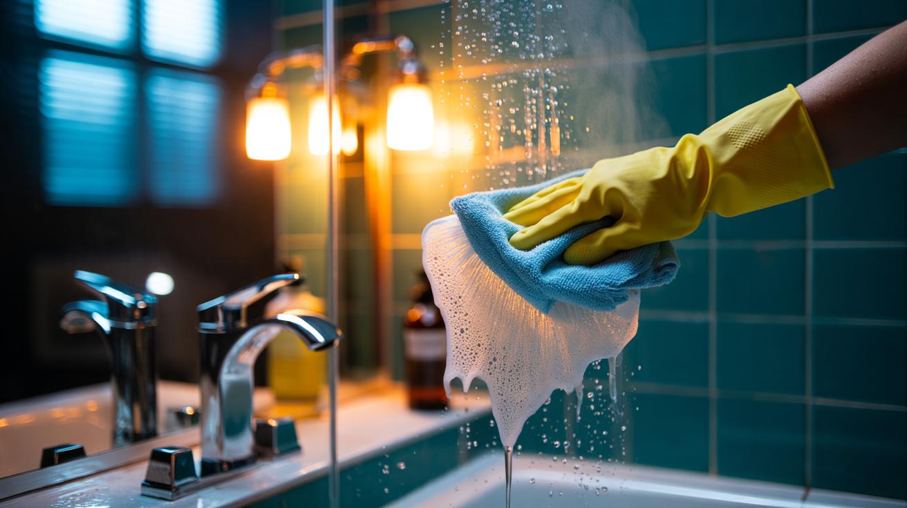 Illustration of a person using a hot vinegar-soaked microfibre cloth to dissolve soap scum on shower glass without scrubbing