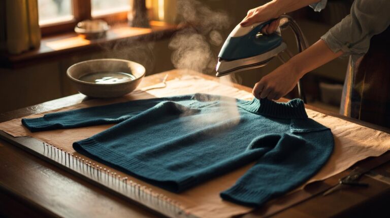 Illustration of a stretched wool jumper being reshaped using a hot water dip and gentle steam