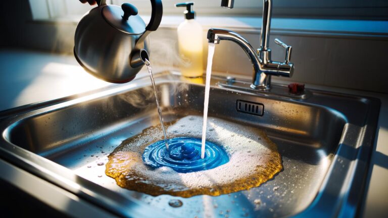 Illustration of hot water and dish soap being poured into a kitchen sink drain to dissolve grease and unclog the pipe without harsh chemicals