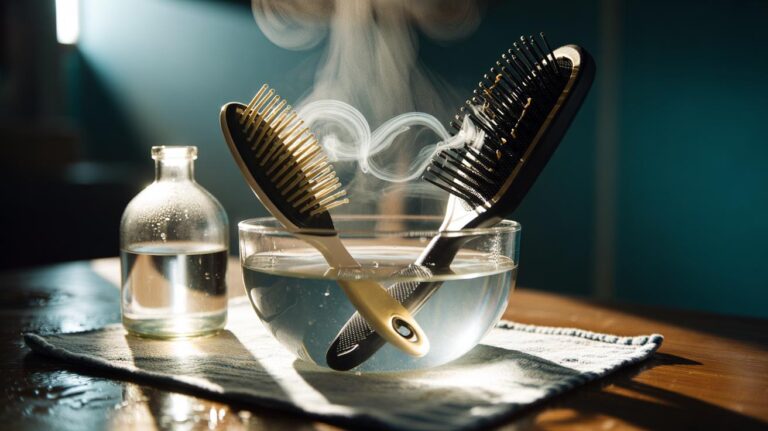 Illustration of hair brushes soaking in a bowl of hot water and white vinegar, with hairspray residue dissolving from the bristles